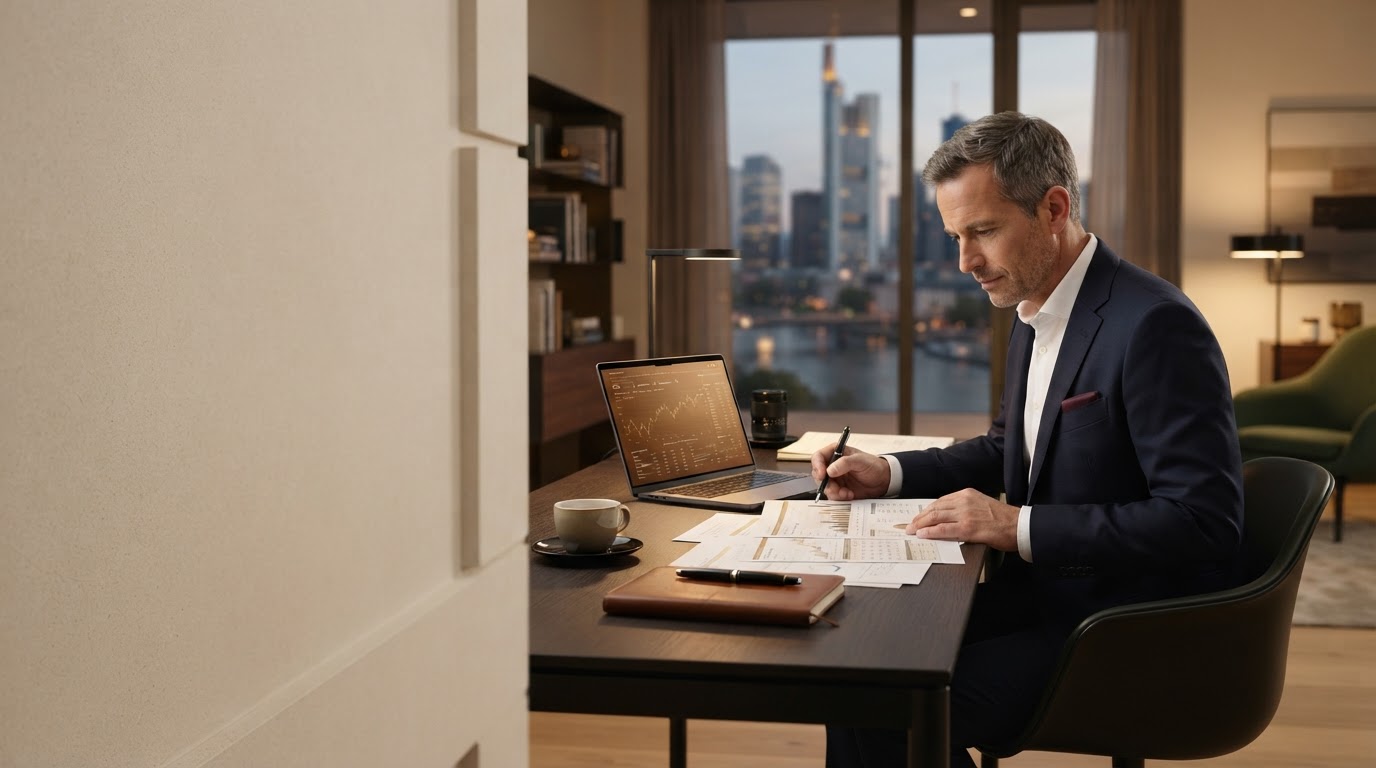 Auskvestium Tablet mit Datenanalyse-Dashboard auf einem Holztisch